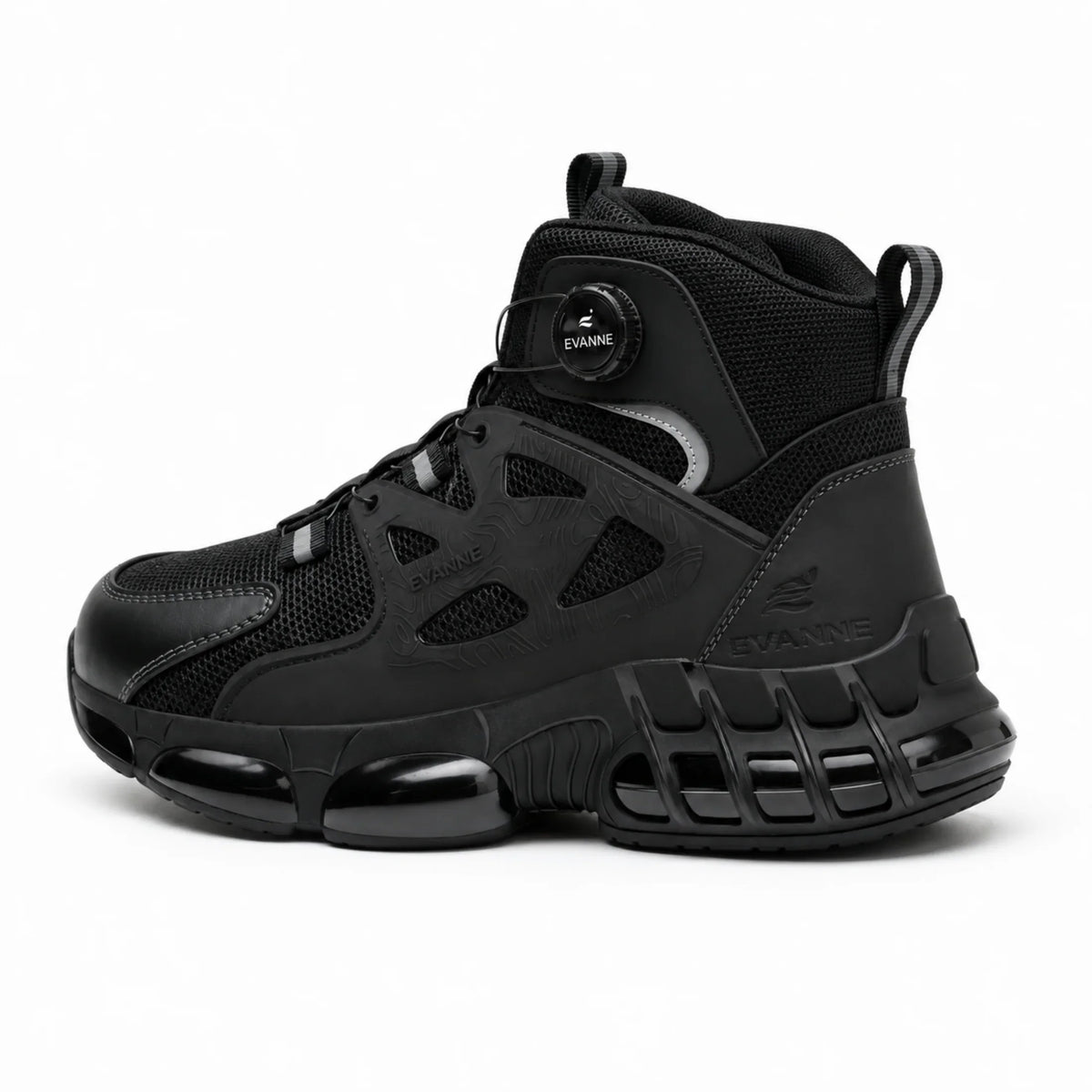 Black high-top sneaker with air cushion sole, mesh upper, and EVANNE branding on side and dial