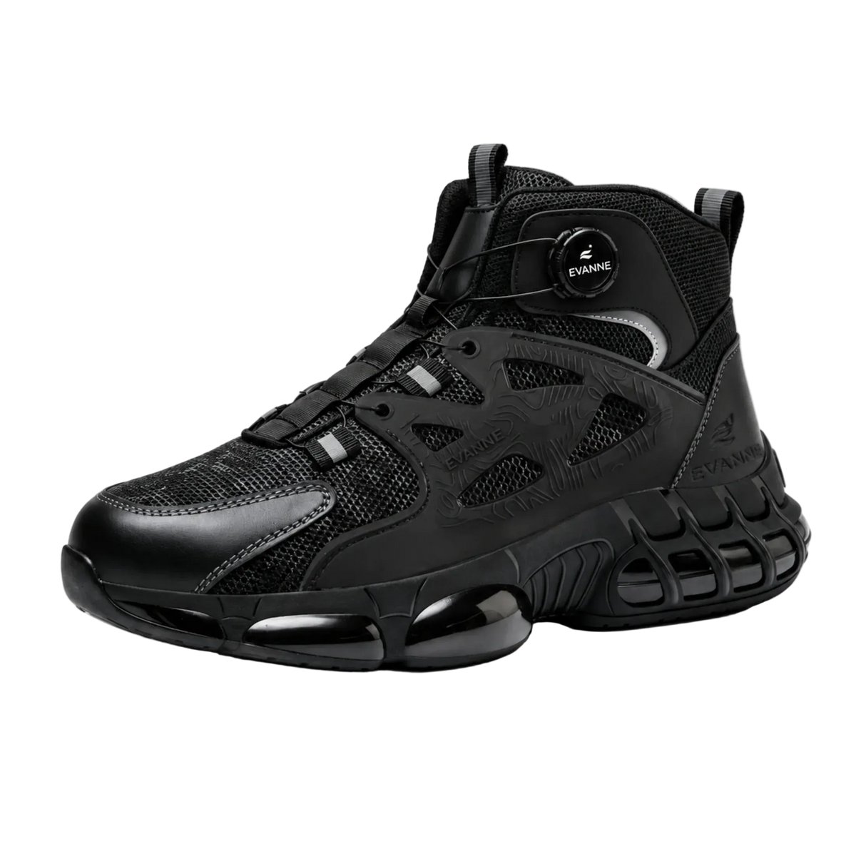 Black high-top sneaker with mesh upper, air cushion sole, and EVANNE branding on dial and side