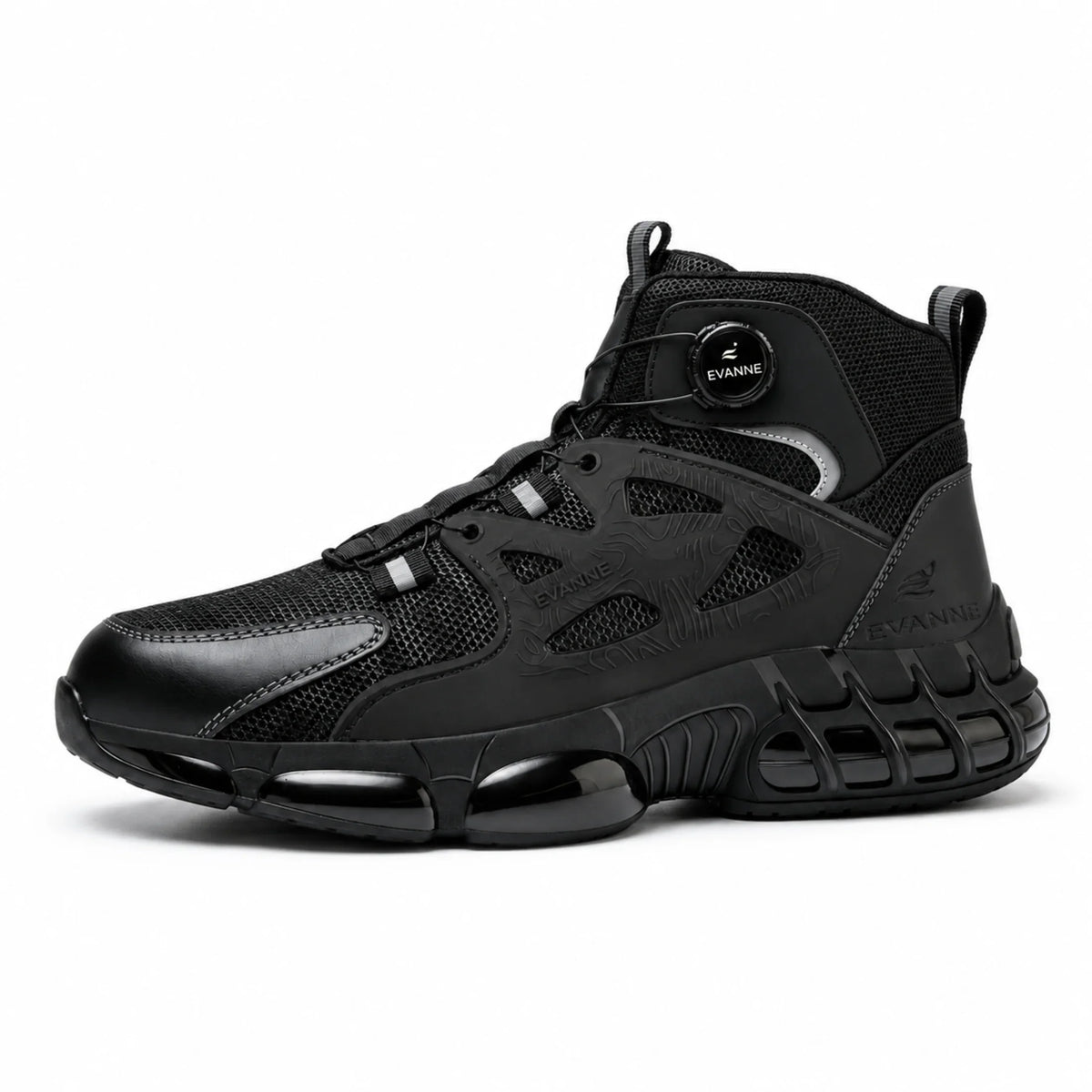 Black high-top sneaker with mesh design and EVANNE branding, featuring air cushion sole