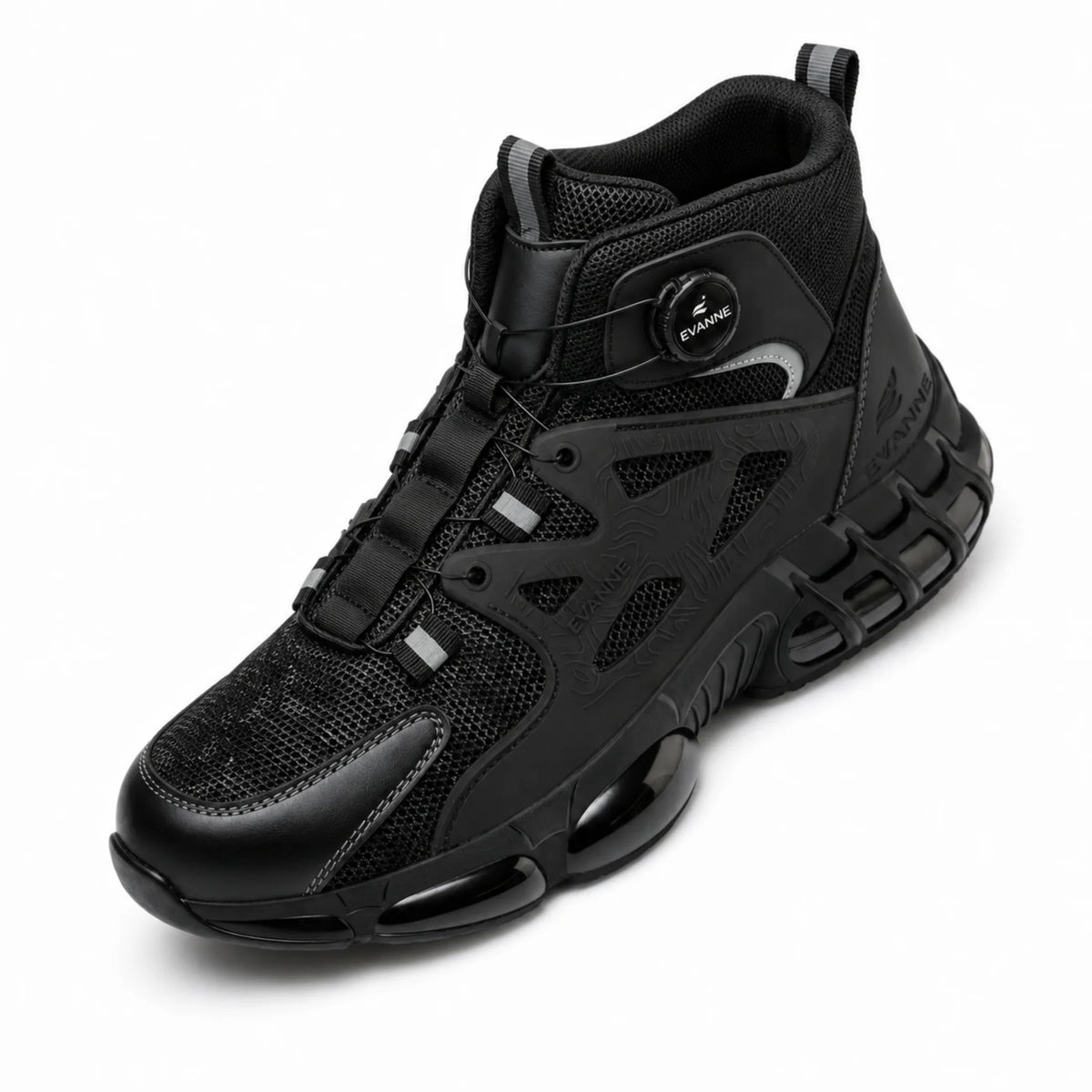 Black high-top sneaker with mesh design and air cushion sole